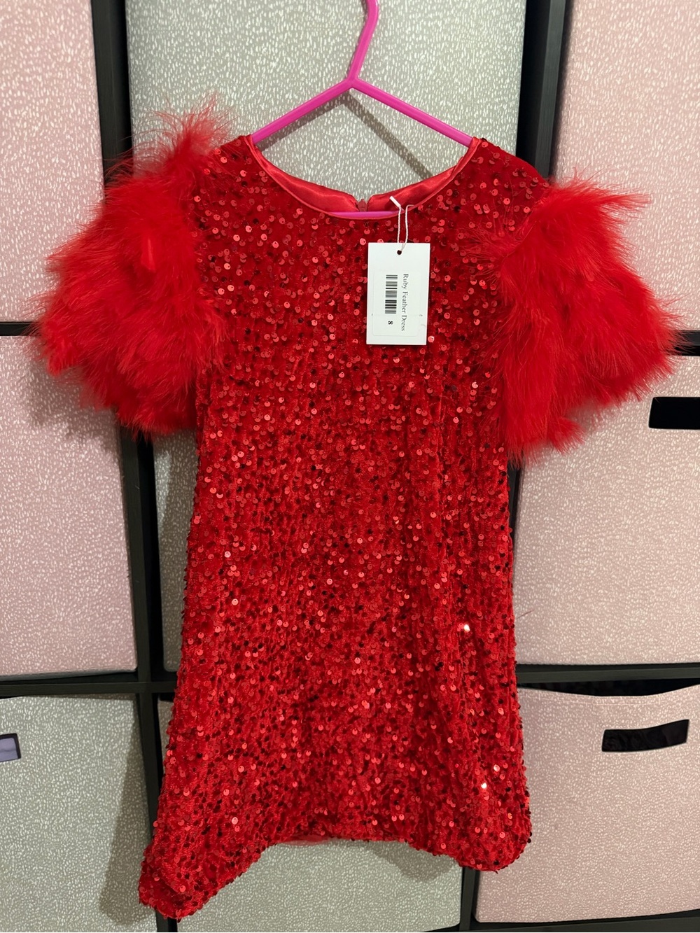 Lola + The Boys Red Sequin Dress with Feathered Sleeves